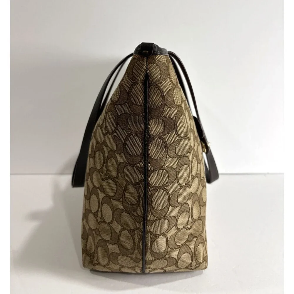 COACH Signature Taylor Tote Khaki Fabric Brown Leather Trim Shoulder Bag Purse